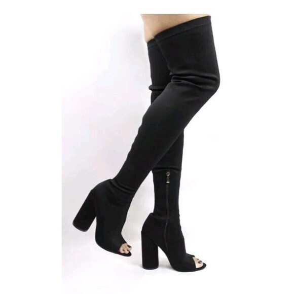 Women's Over The Knee Boots Black Lycra Fits 6.5 To 7 Open Toe Chunky High Heel - Picture 3 of 9